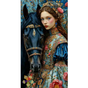 Jóven traje típico del Cáucaso Belarus Bordado Caballo nobleza fuerza elegancia misticismo tradición