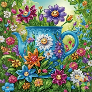 Regadera con flores de colores en el jardín pétalos bouquet primavera