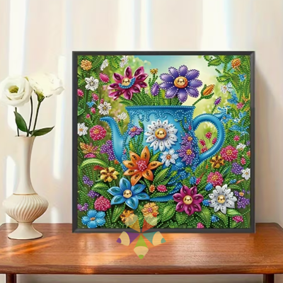 Regadera con flores de colores en el jardín pétalos bouquet primavera
