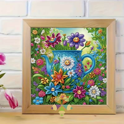 Regadera con flores de colores en el jardín pétalos bouquet primavera