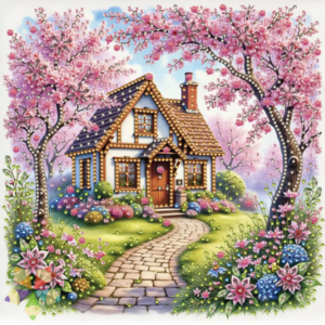 Casita pintoresca adornada con un jardín exhuberante árboles de flores rosadas