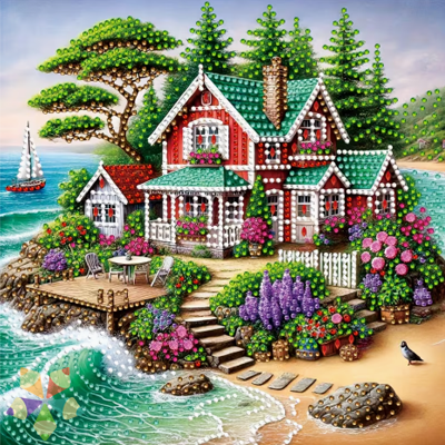 Casita pintoresca a la orilla del mar jardín exhuberante pinos olas