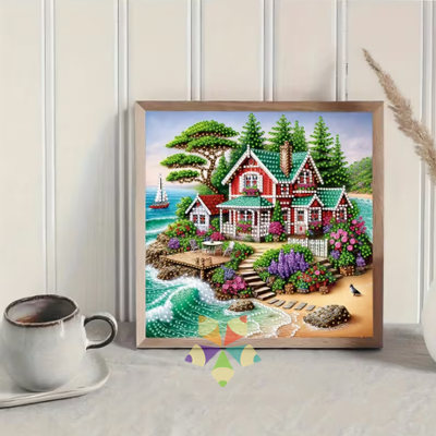 Casita pintoresca a la orilla del mar jardín exhuberante pinos olas