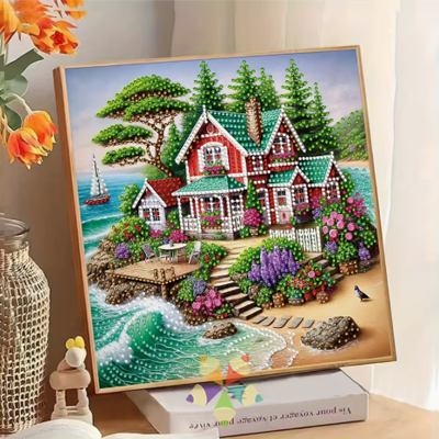 Casita pintoresca a la orilla del mar jardín exhuberante pinos olas