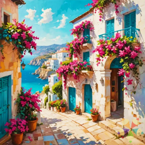 Calle empedrada con balcones y veraneras con vista al mar mediterráneo europa italia