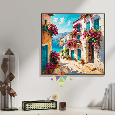 Calle empedrada con balcones y veraneras con vista al mar mediterráneo europa italia