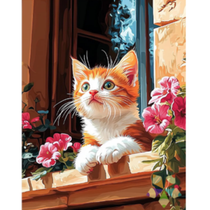 Gatito en la ventana curioso travieso Geranios Mirada tierna bigotes