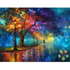Un paseo mágico bajo árboles de colores vibrantes, donde luces cálidas, lluvia y reflejos danzan juntos, creando una atmósfera de ensueño, serenidad y fantasía.