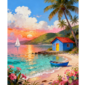 Una encantadora casita caribeña junto al mar, rodeada de palmeras y flores, contempla un atardecer radiante que transforma el paisaje en un sueño tropical.